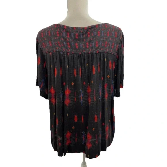 Lucky Brand Short Sleeve Top Womens XL Flutter Sleeves Beaded Tribal Relaxed Fit - Picture 2 of 8